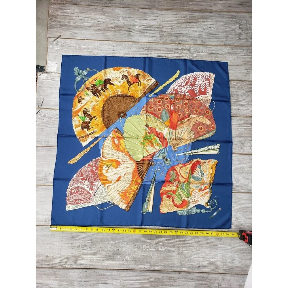 Hermès Brise de Charme 35in Silk Scarf Blue Equestrian Fan Design w Box